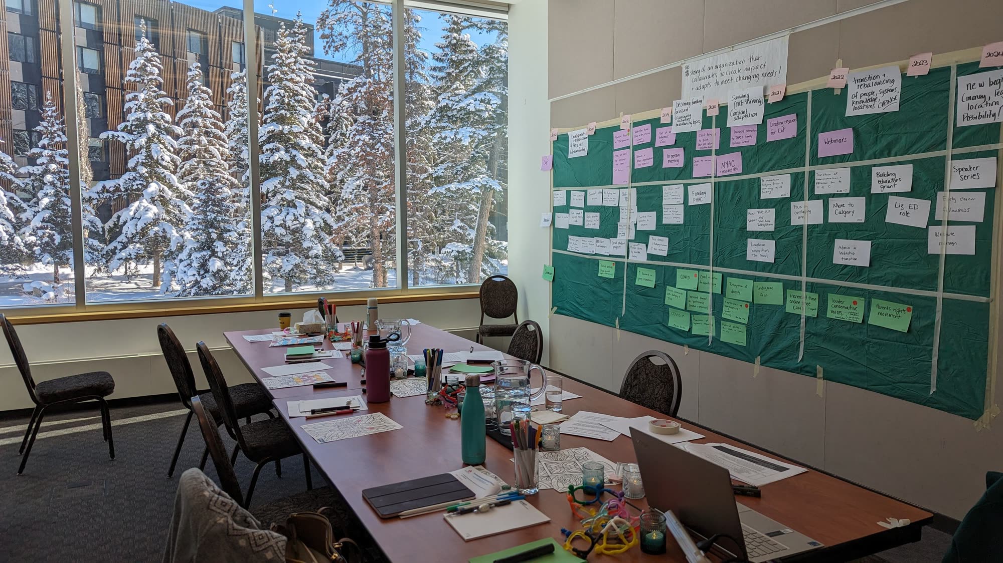 A retreat room mid-session: a long table scattered with markers, colouring pages and water bottles, a wall mapped in sticky notes, and snow-covered spruce trees through the windows.